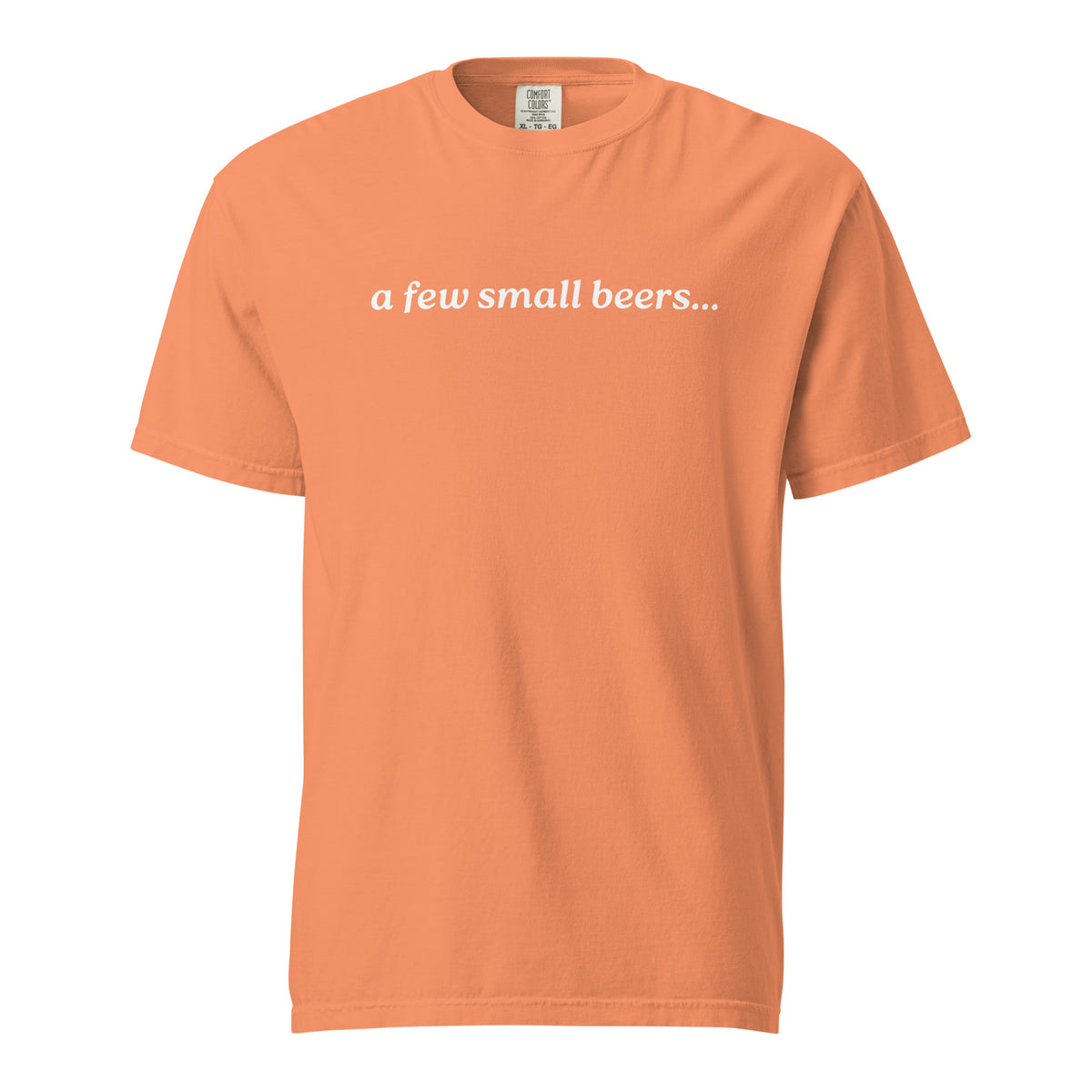 Terracotta T-shirt, front view, with white italic 'a few small beers...' lettering.