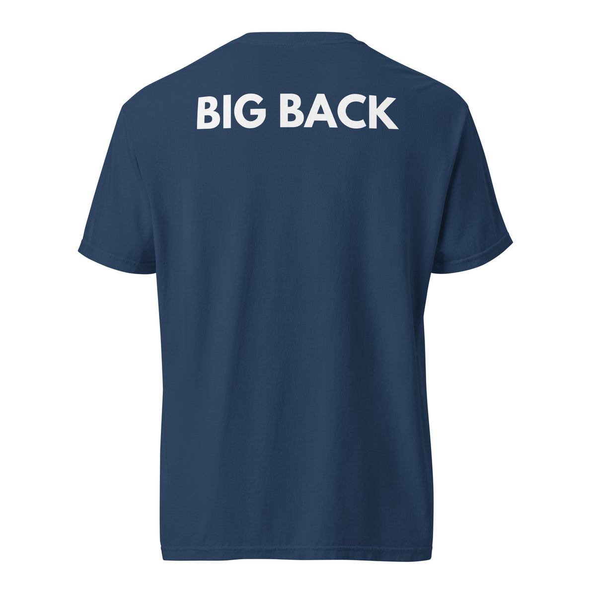 True Navy T-shirt with white Big Back lettering, back view.