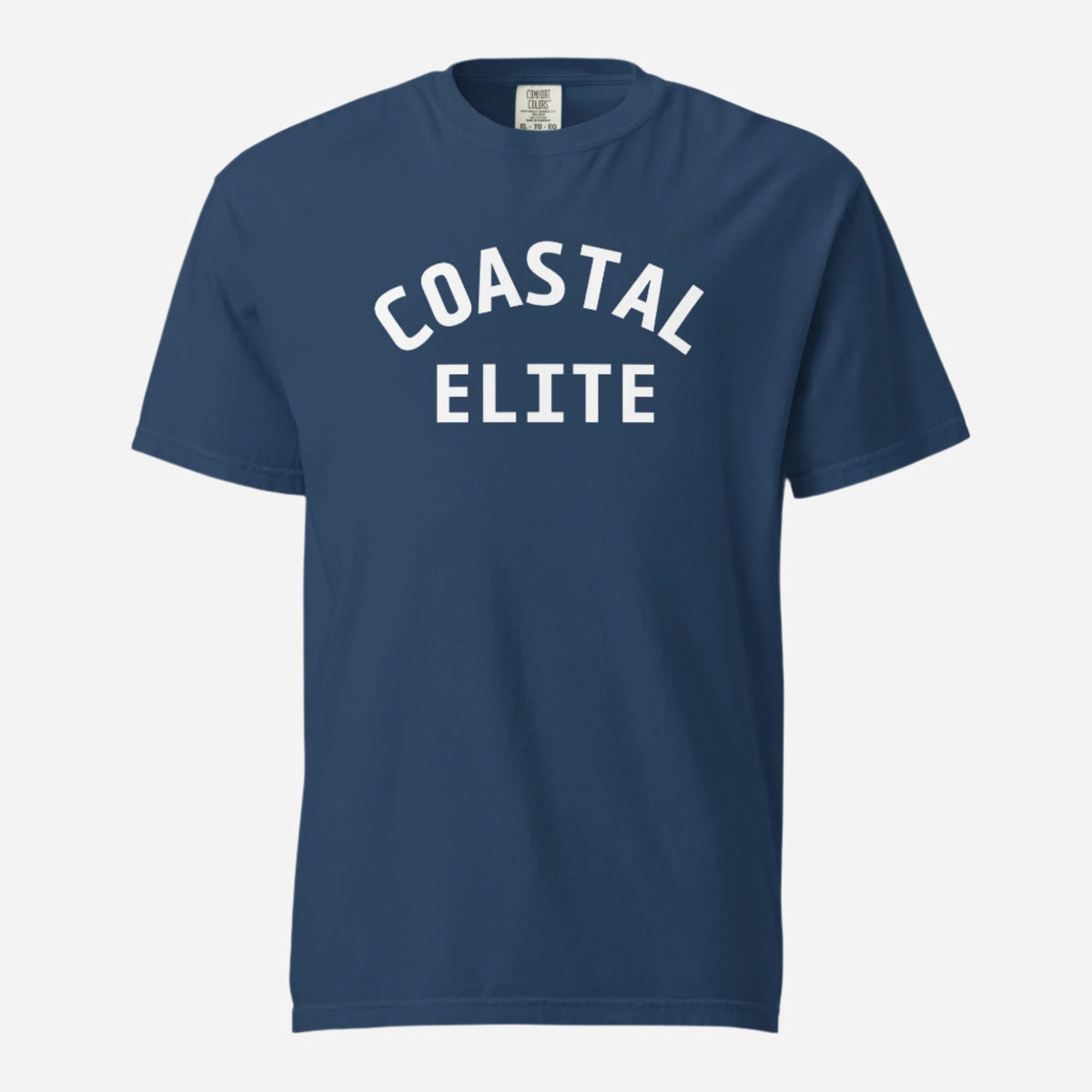 True Navy T-shirt, front view with white arched "Coastal Elite" lettering.