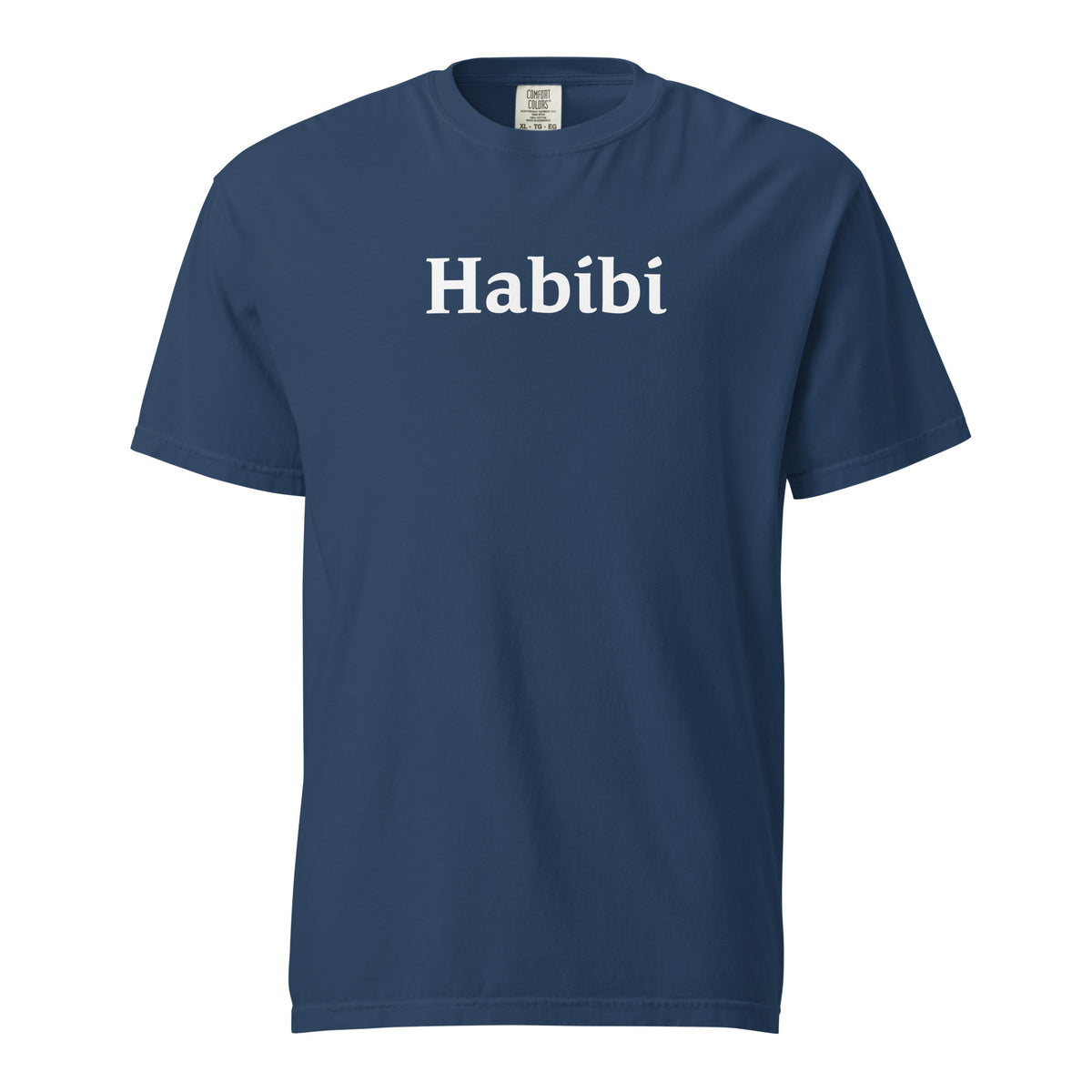 True Navy T-shirt, front view with white "Habibi" lettering.