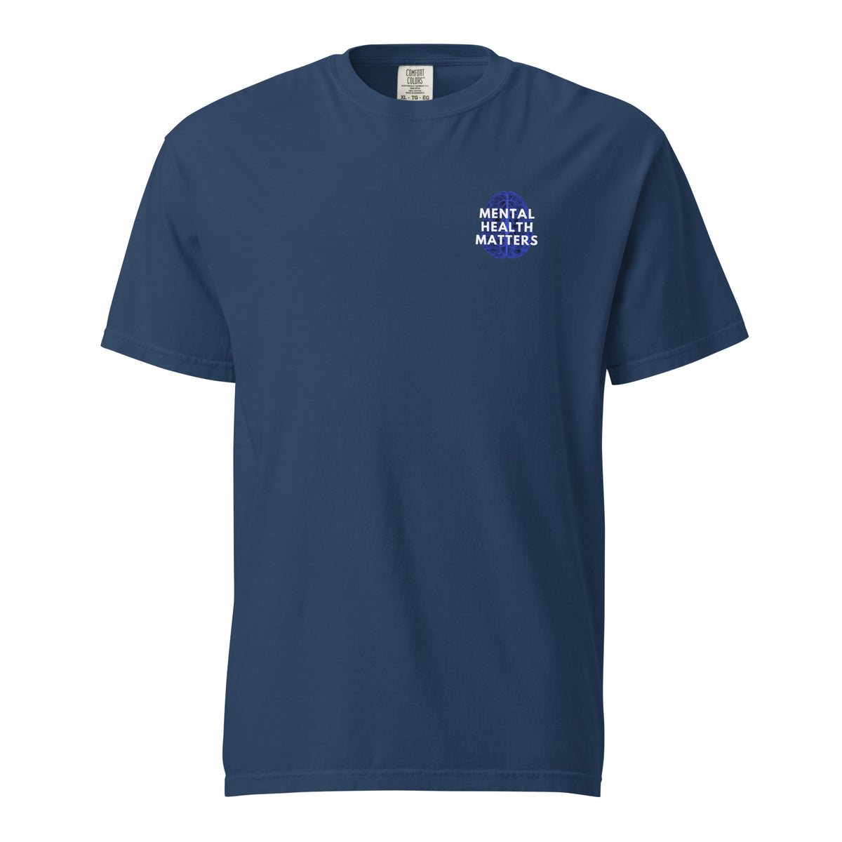 True Navy T-shirt, front view with a small blue-and-white "Mental Health Matters" chest design.