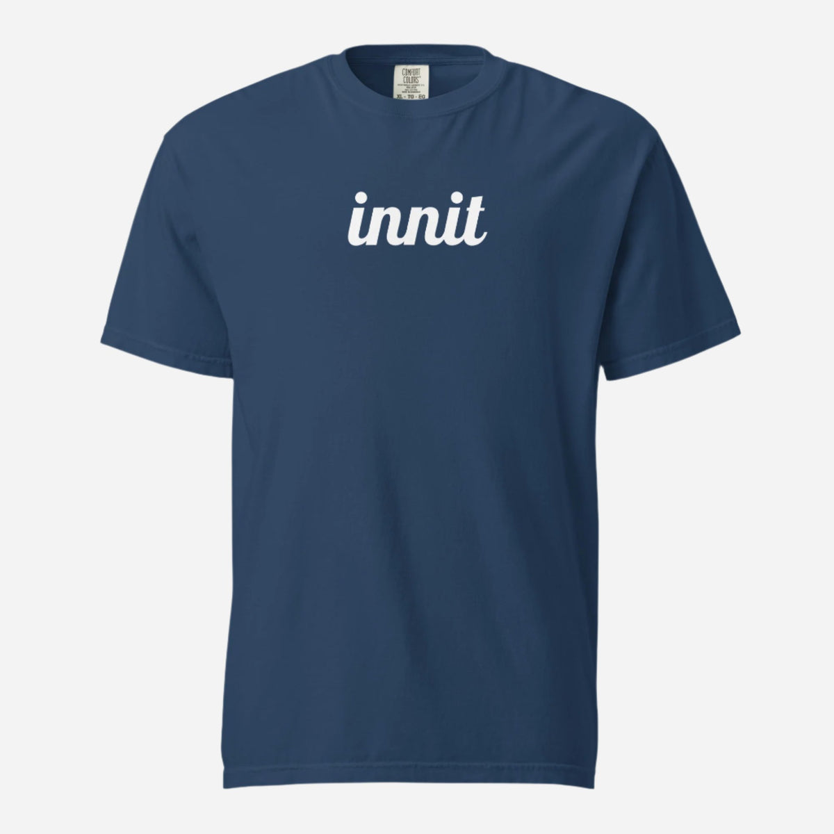 Innit T-shirt in True Navy, front view with white "innit" lettering.