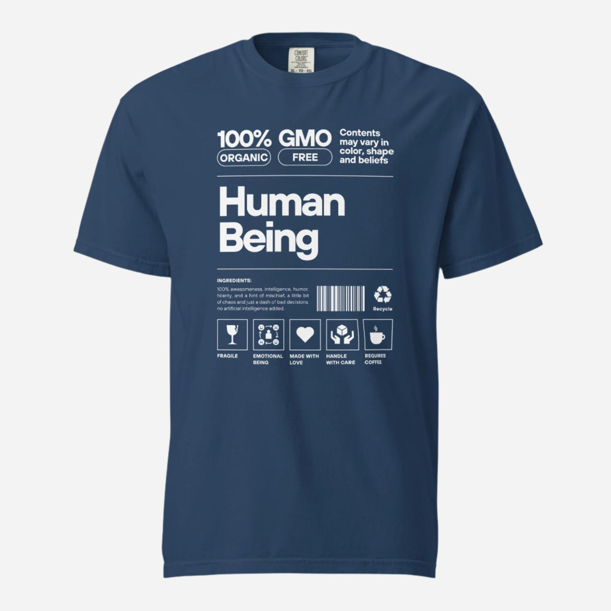 True Navy T-shirt, front view, with a white label-style 'Human Being' design with small icons.