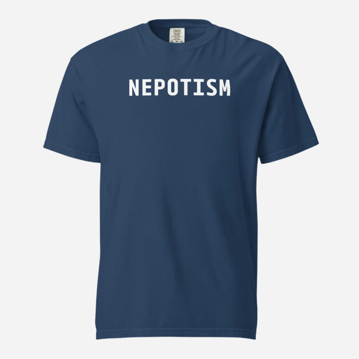 True Navy T-shirt, front view with white "NEPOTISM" lettering.