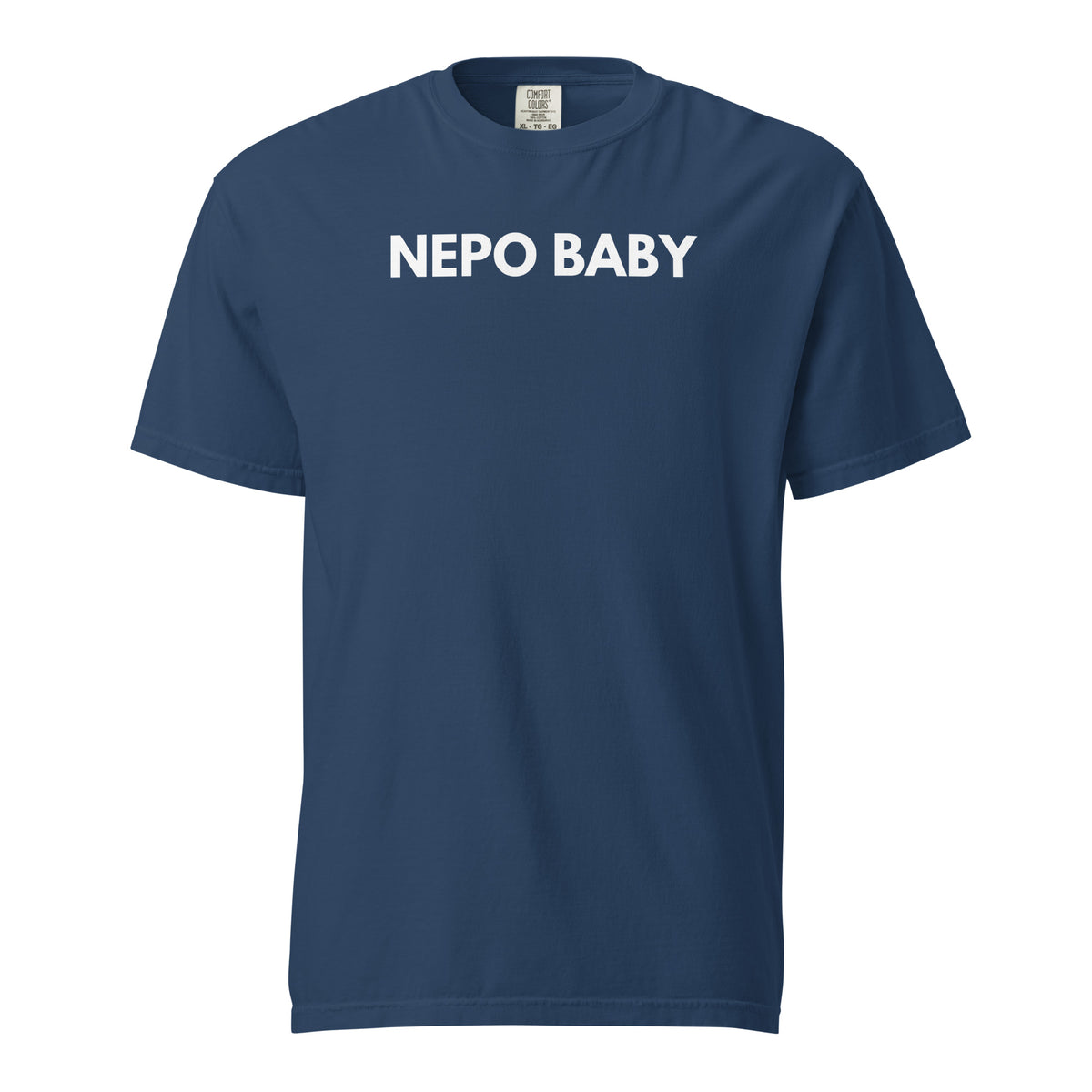 True Navy T-shirt, front view, with white 'NEPO BABY' lettering.