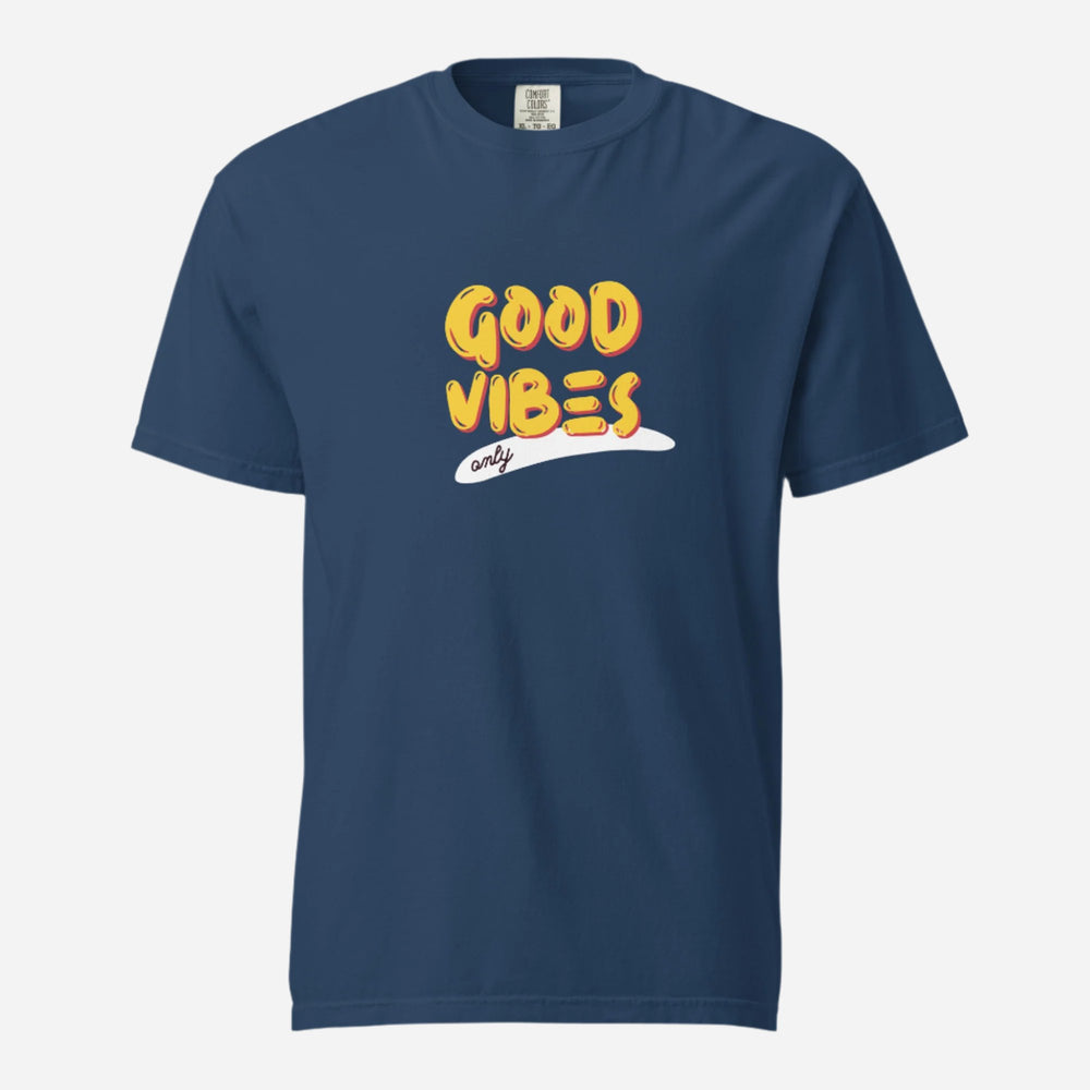 True Navy T-shirt, front view with yellow "Good Vibes" lettering and a white underline.