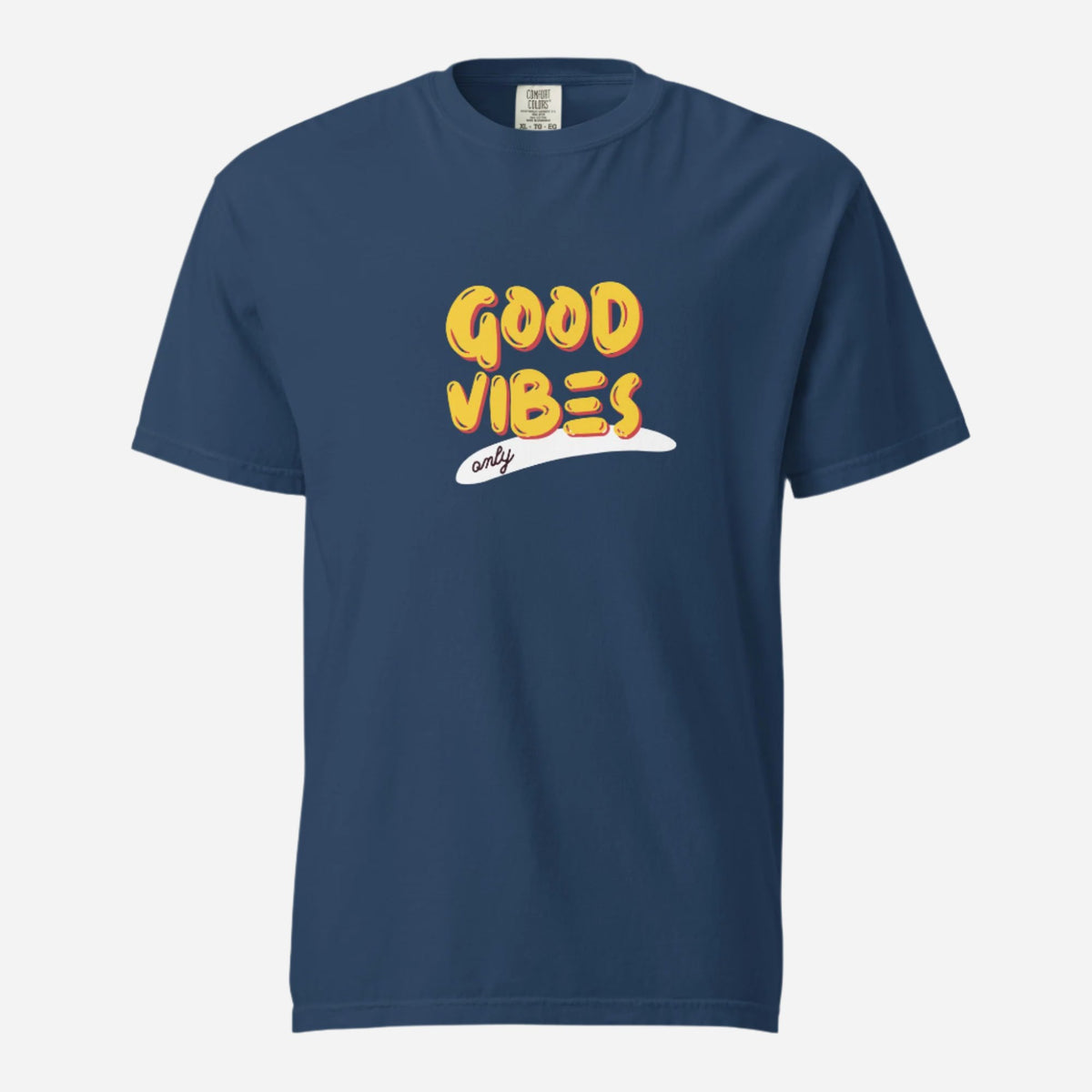 True Navy T-shirt, front view with yellow "Good Vibes" lettering and a white underline.
