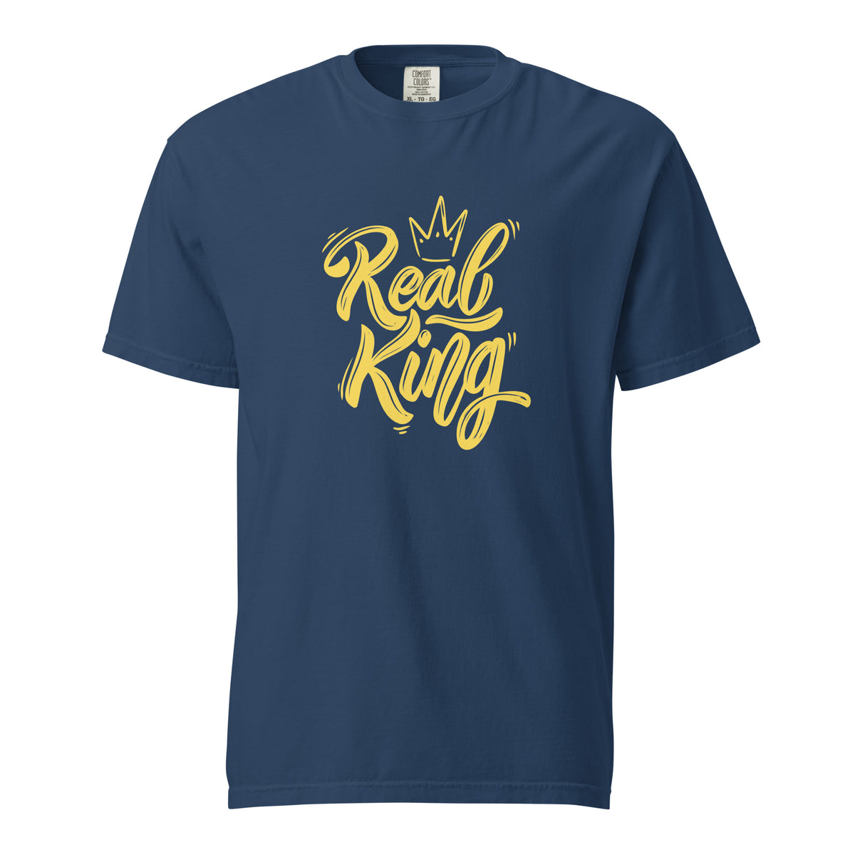 True Navy T-shirt with yellow Real King script and crown, front view.