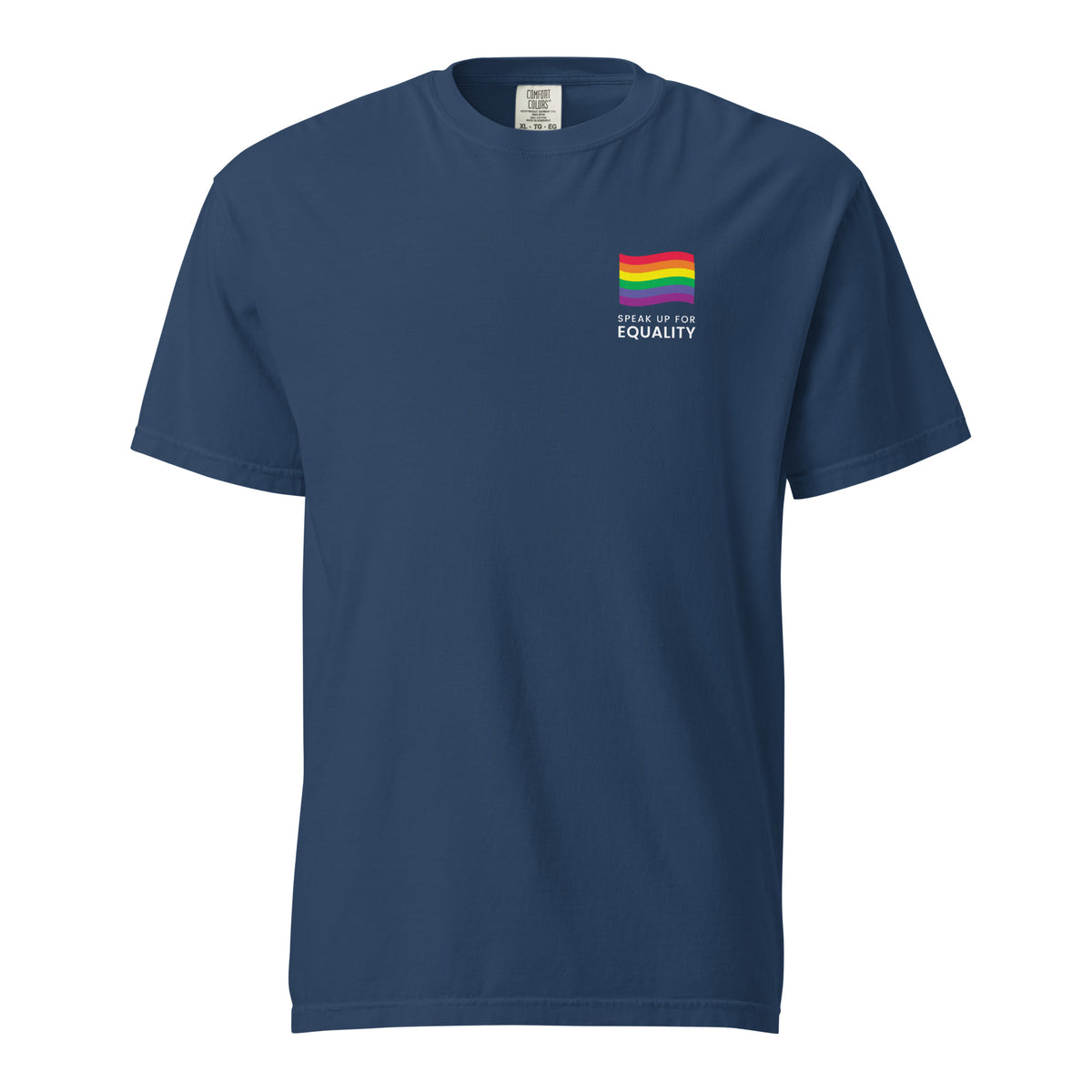 True Navy T-shirt with a rainbow flag and equality message, front view.