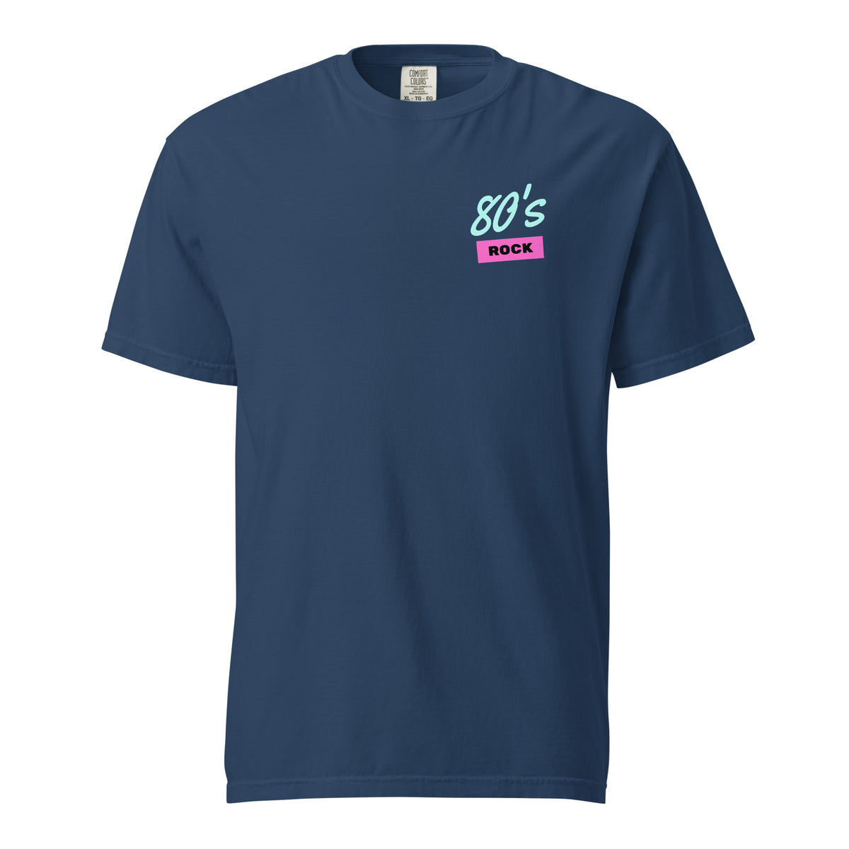 True Navy T-shirt, front view, with small mint '80s' lettering above a pink 'ROCK' label on the chest.