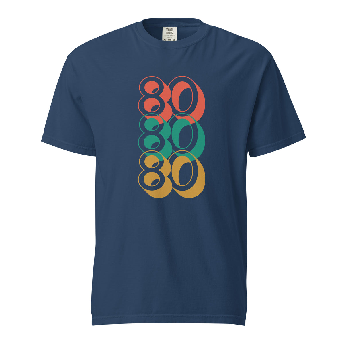 True Navy T-shirt, front view with stacked red, green and yellow "80" numerals.