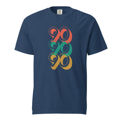 True Navy T-shirt with stacked red, green and yellow 90 numerals, front view.
