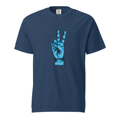 True Navy T-shirt, front view, with an illustrated blue hand making a peace sign.