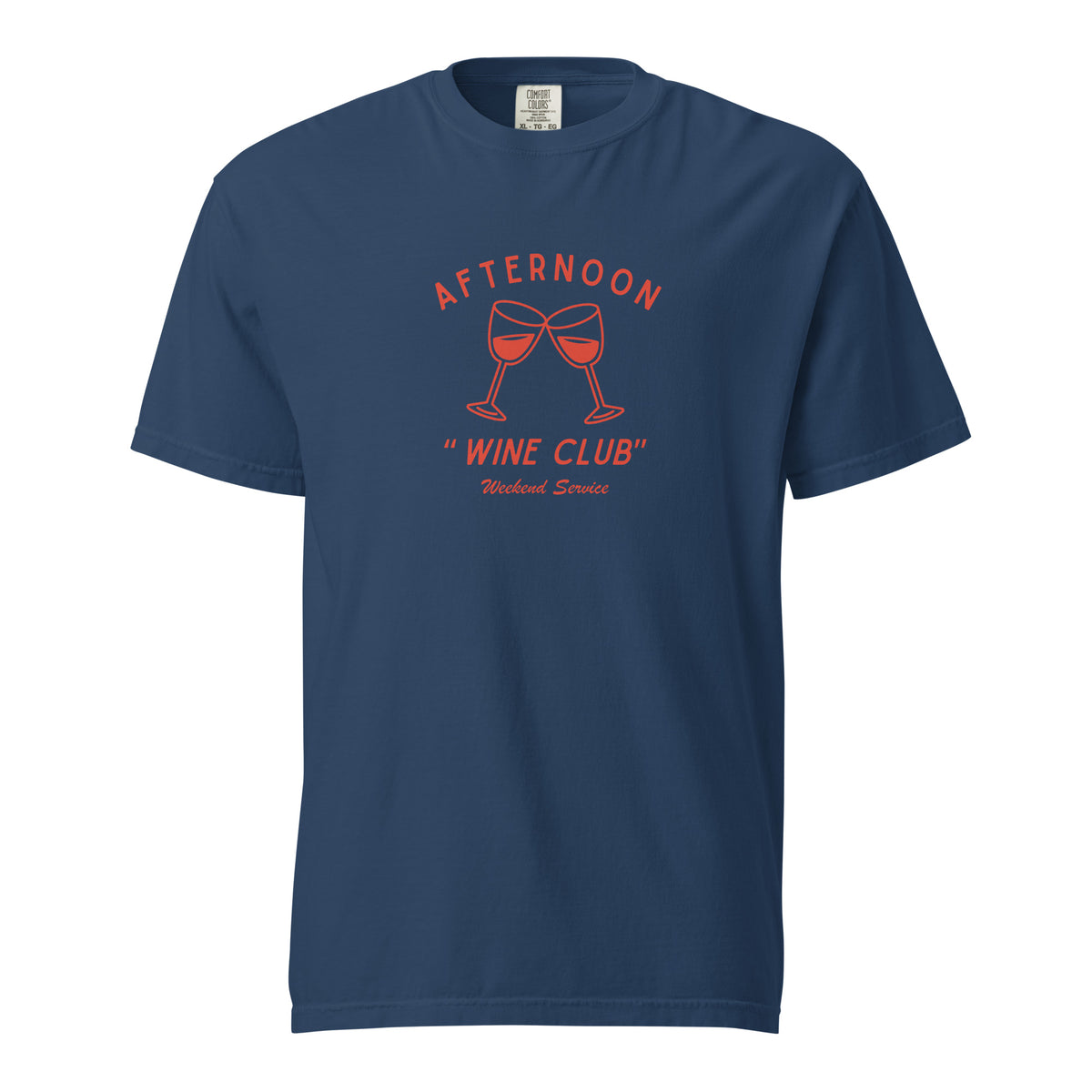True Navy T-shirt, front view with red wine-glass graphics and "Afternoon Wine Club" lettering.