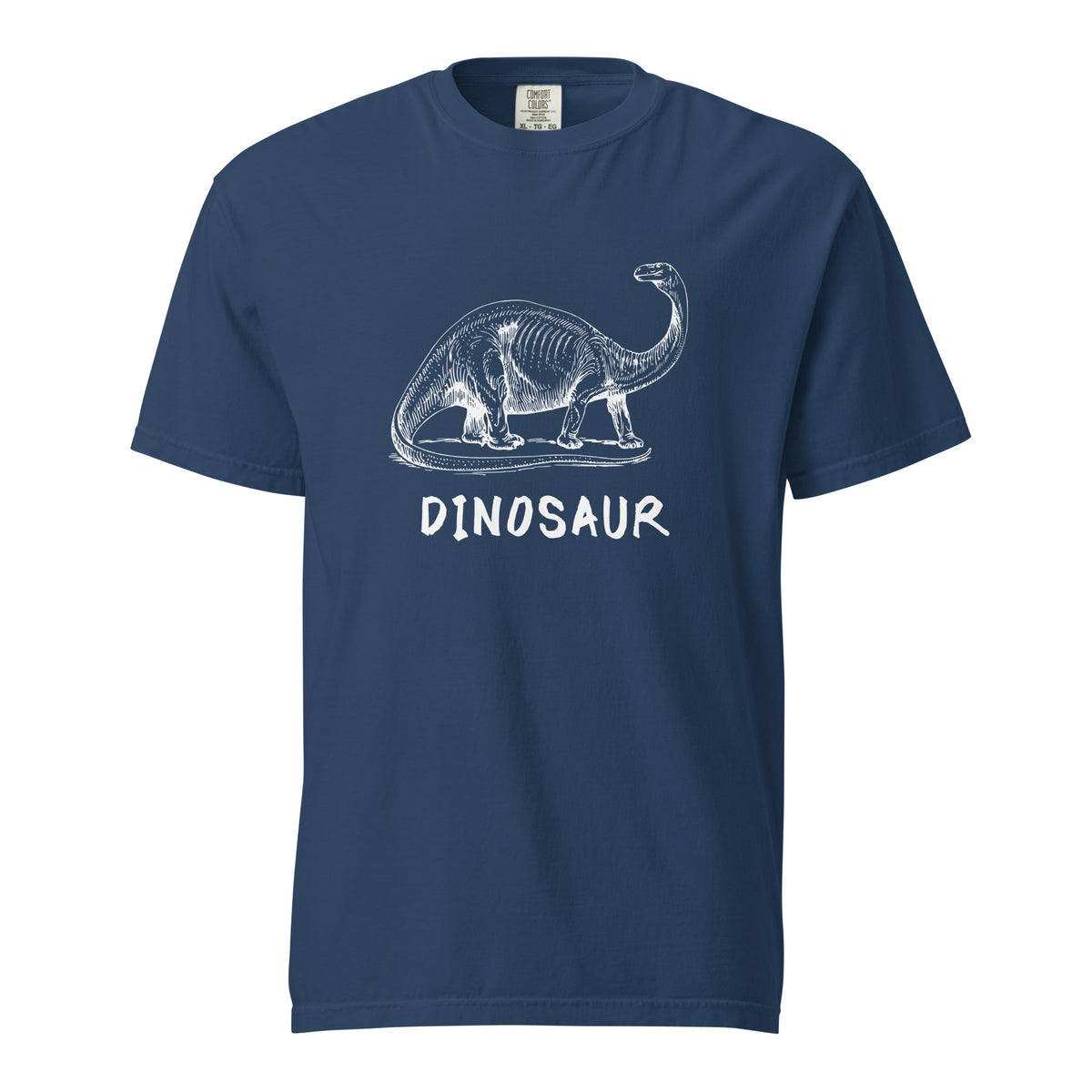 True Navy T-shirt with a white dinosaur illustration and Dinosaur lettering, front view.