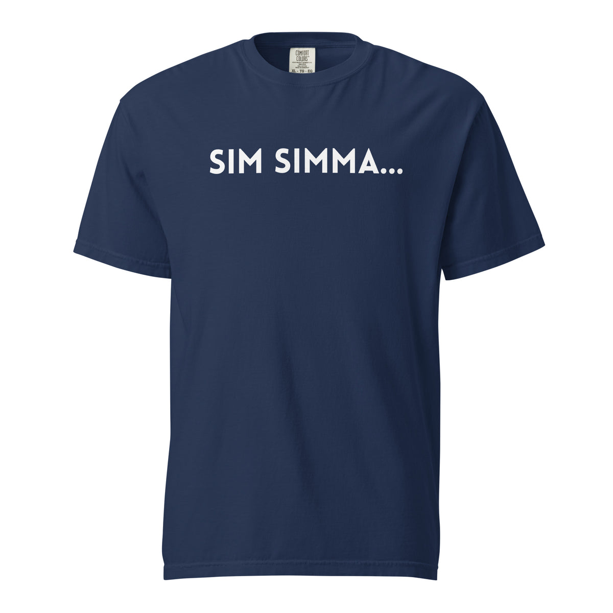 True Navy T-shirt, front view with white "SIM SIMMA..." lettering.