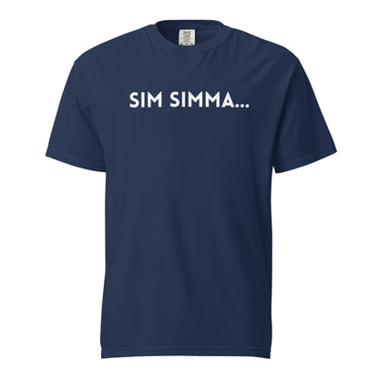 True Navy T-shirt, front view with white "SIM SIMMA..." lettering.