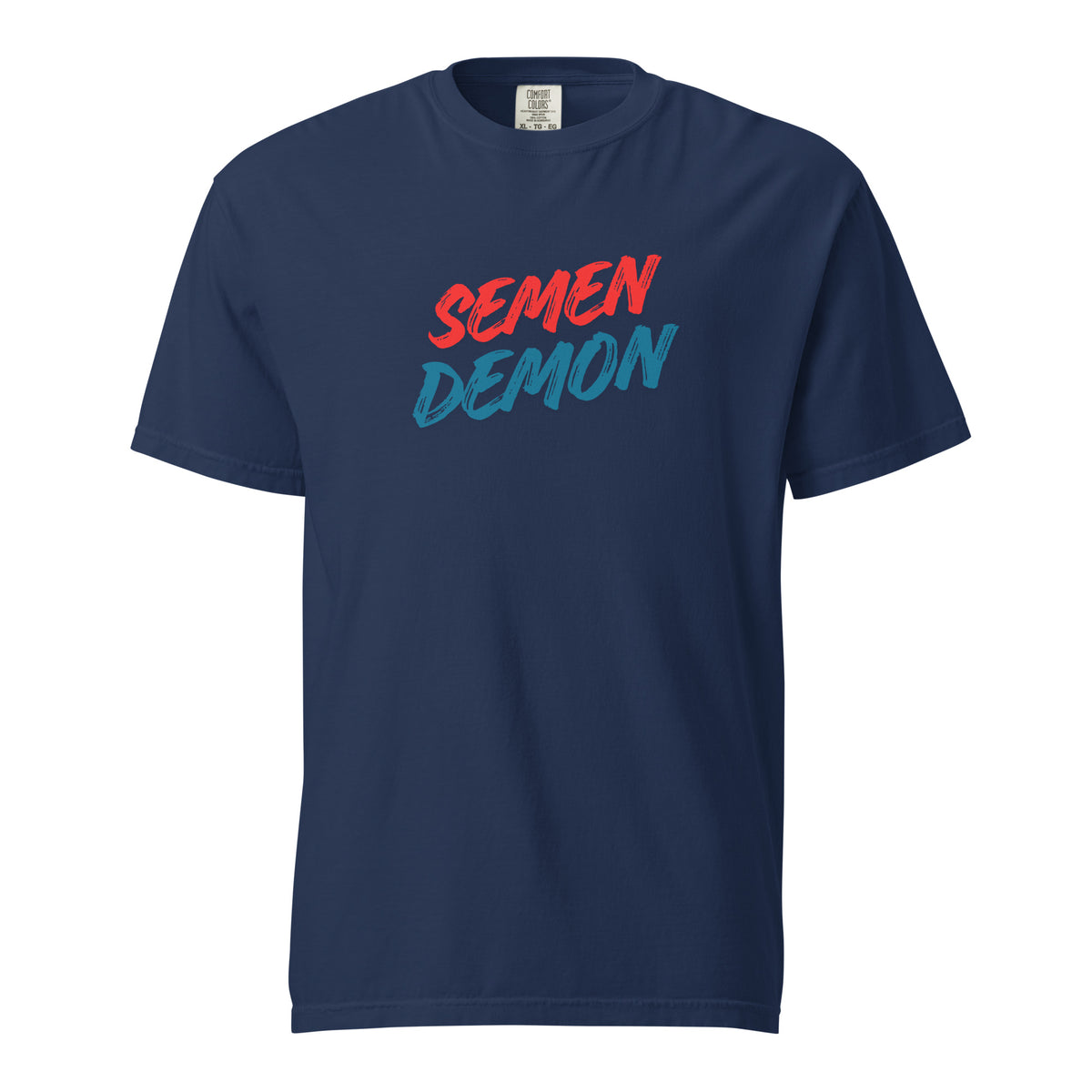 True Navy T-shirt, front view, with red and teal 'Semen Demon' lettering.