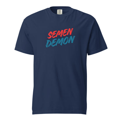 True Navy T-shirt, front view, with red and teal 'Semen Demon' lettering.