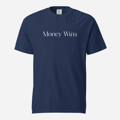 True Navy T-shirt, front view, with white 'Money Wins' lettering.