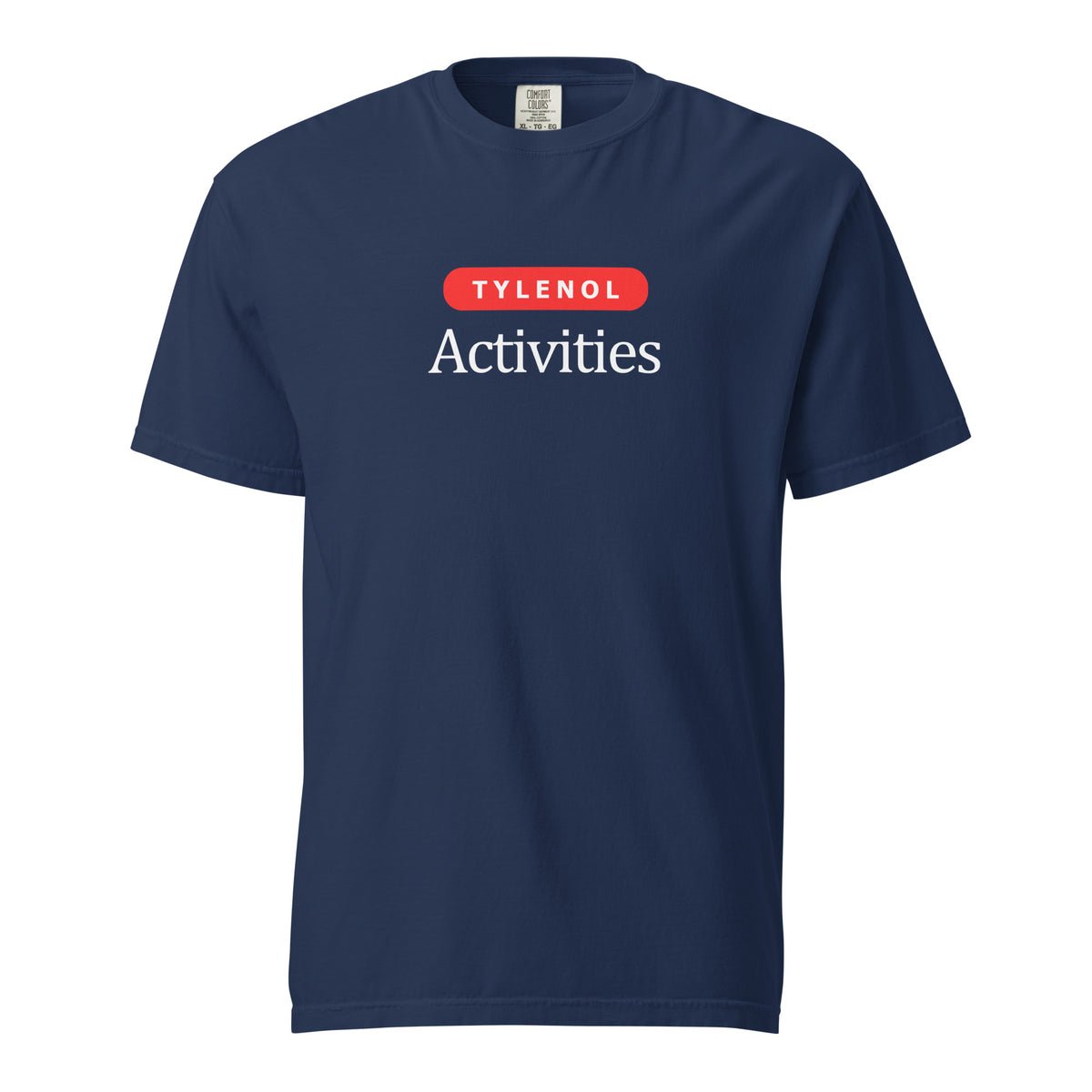 True Navy T-shirt, front view, with a red 'Tylenol' label above white 'Activities' lettering.