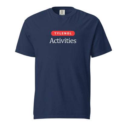 True Navy T-shirt, front view, with a red 'Tylenol' label above white 'Activities' lettering.