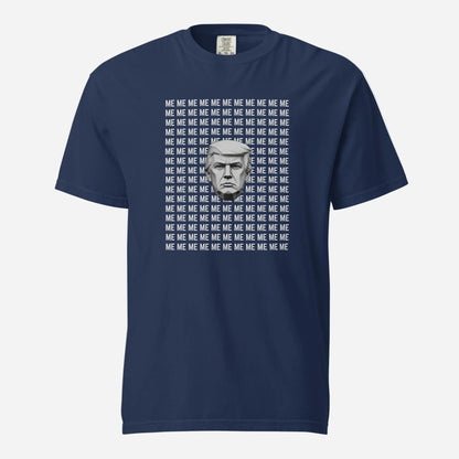 True Navy T-shirt, front view with a grayscale Trump portrait surrounded by repeated ME text.