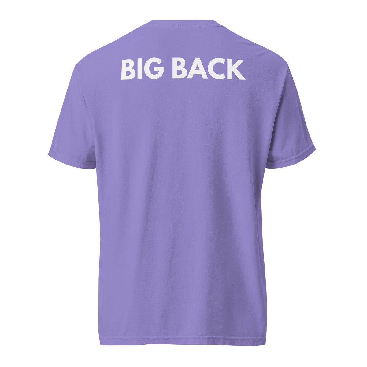 Violet T-shirt with white Big Back lettering, back view.