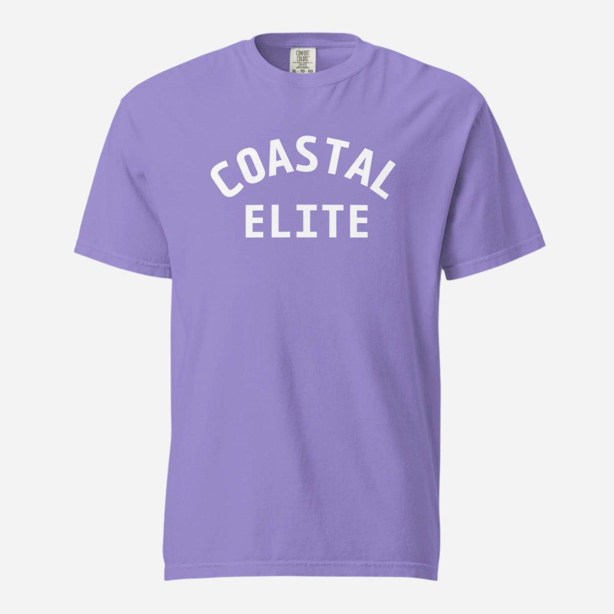 Violet T-shirt, front view with white arched "Coastal Elite" lettering.