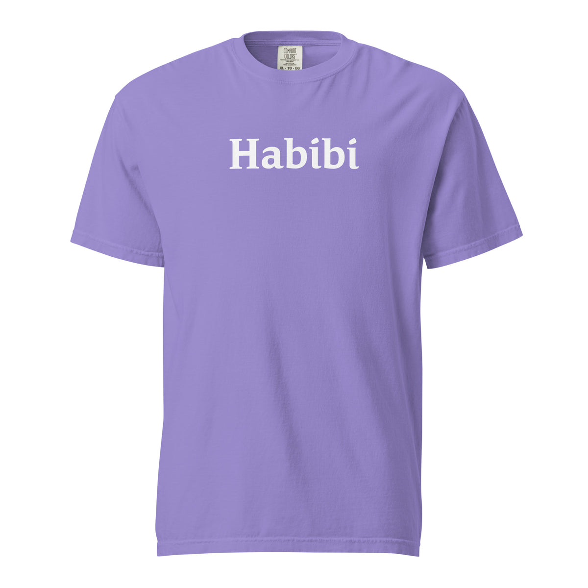 Violet T-shirt, front view with white "Habibi" lettering.