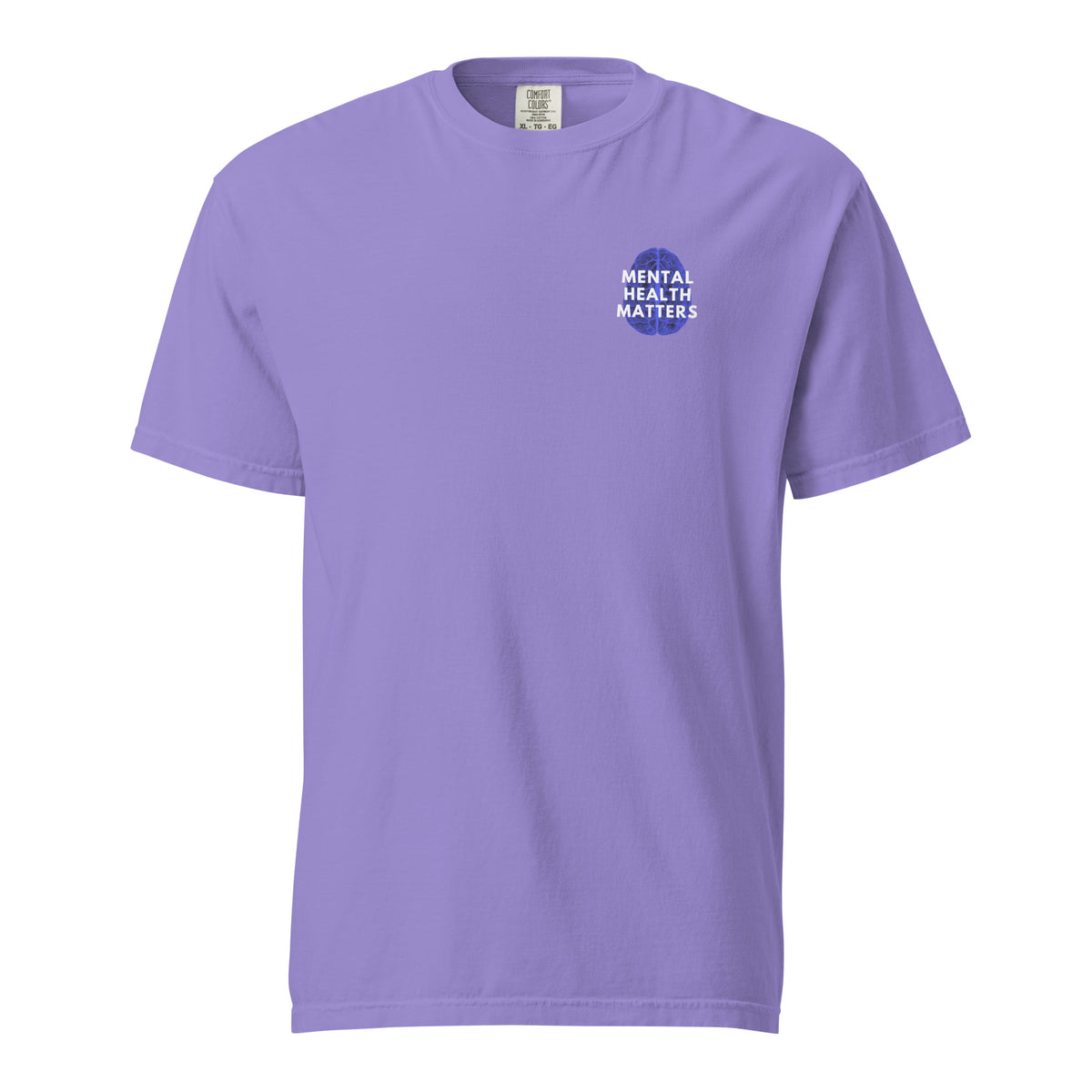 Violet T-shirt, front view with a small blue-and-white "Mental Health Matters" chest design.