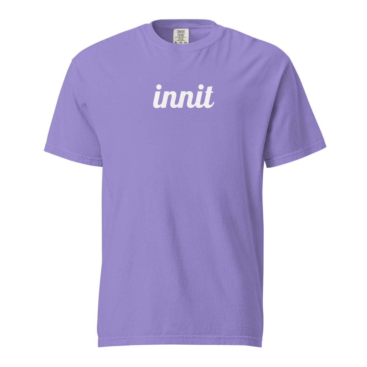 Innit T-shirt in Violet, front view with white "innit" lettering.