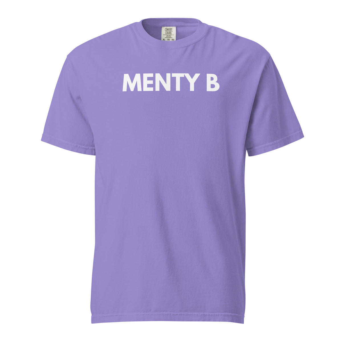Violet T-shirt, front view with white "MENTY B" lettering.