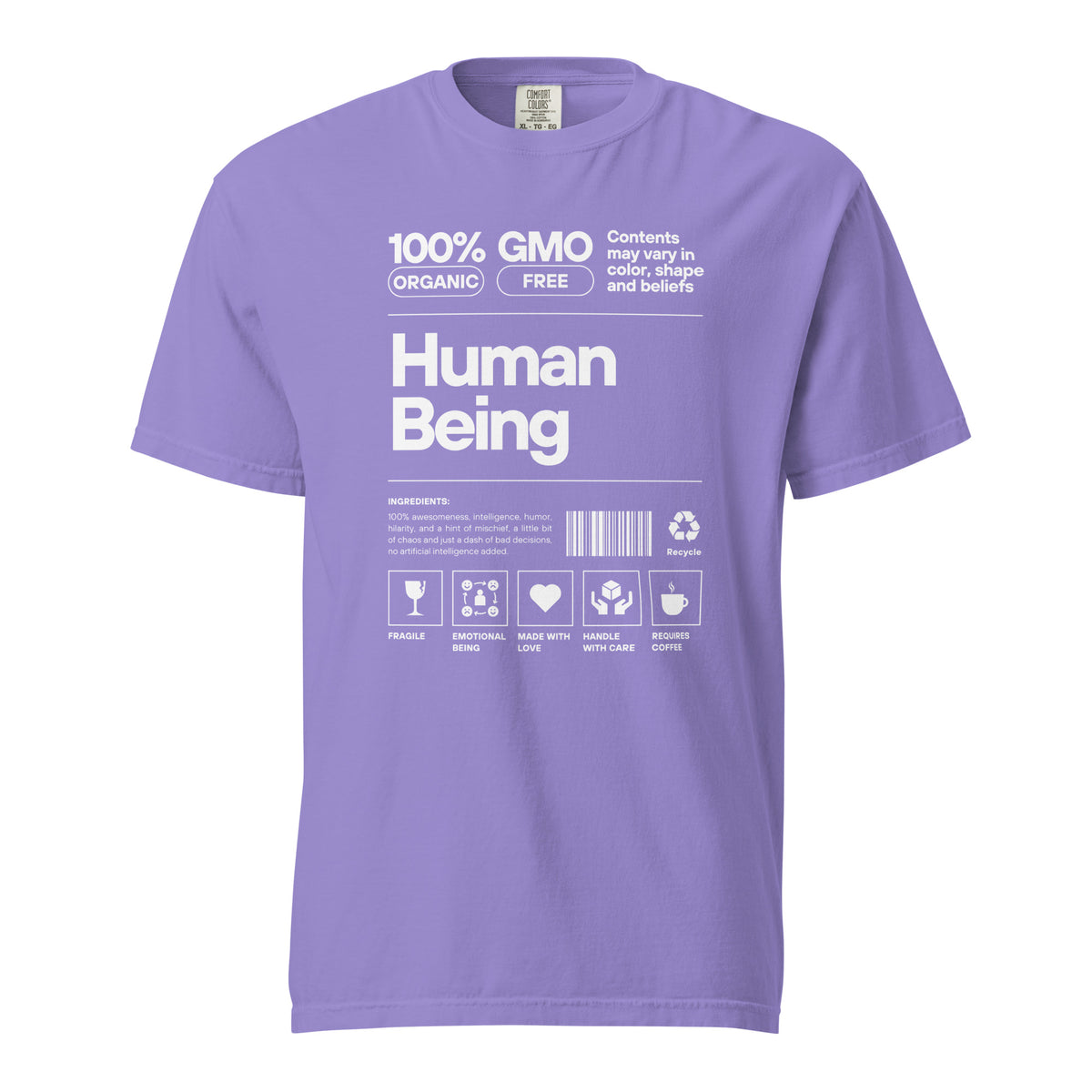 Violet T-shirt, front view, with a white label-style 'Human Being' design with small icons.