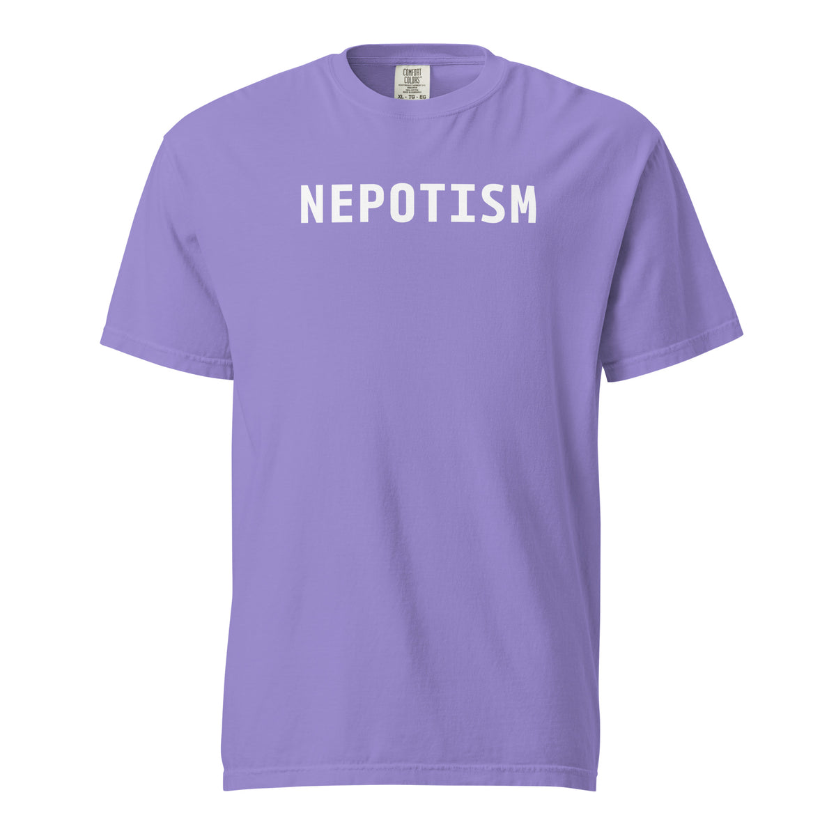 Violet T-shirt, front view with white "NEPOTISM" lettering.