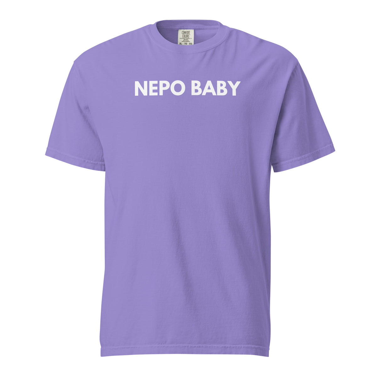 Violet T-shirt, front view, with white 'NEPO BABY' lettering.