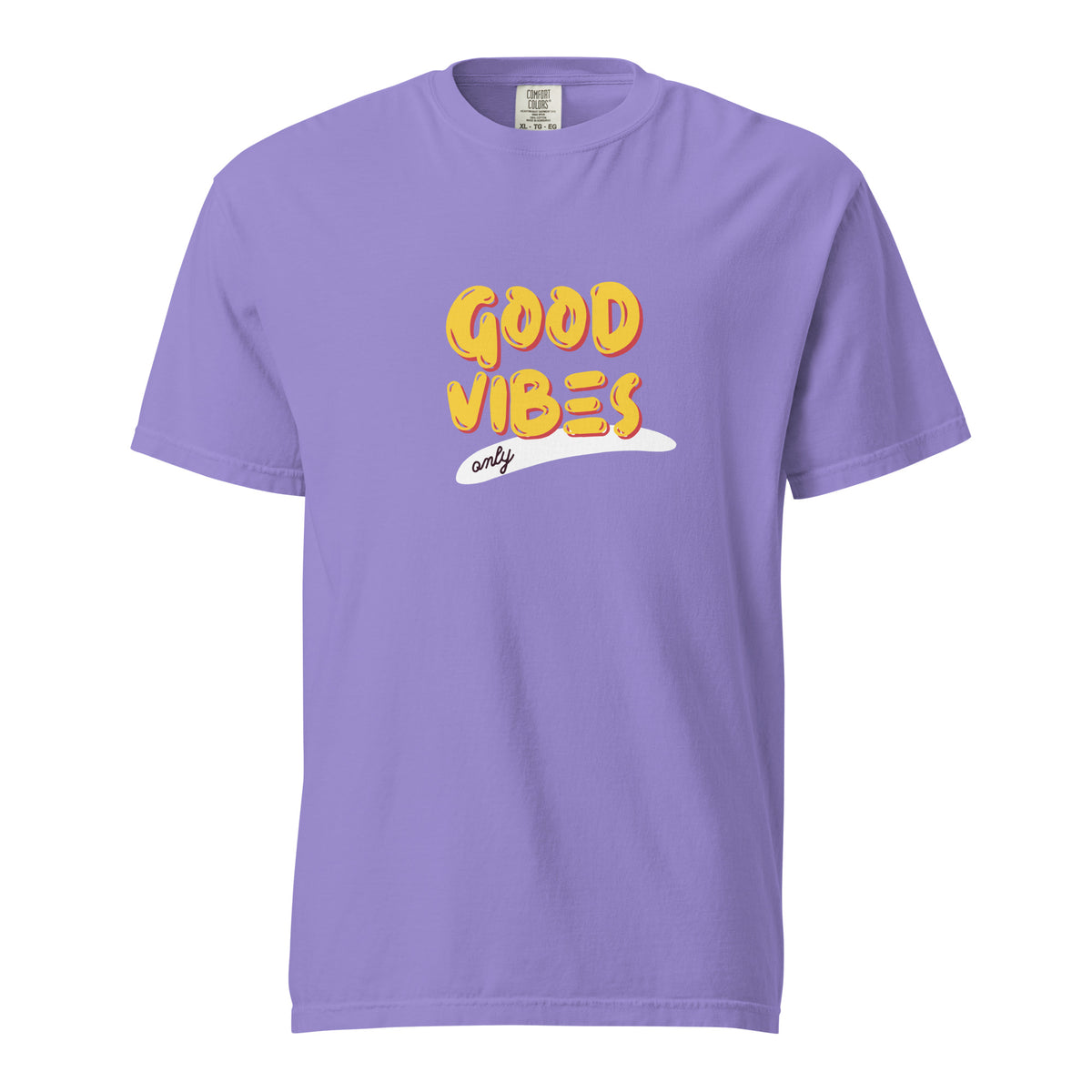 Violet T-shirt, front view with yellow "Good Vibes" lettering and a white underline.