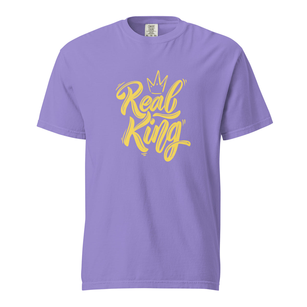 Violet T-shirt with yellow Real King script and crown, front view.