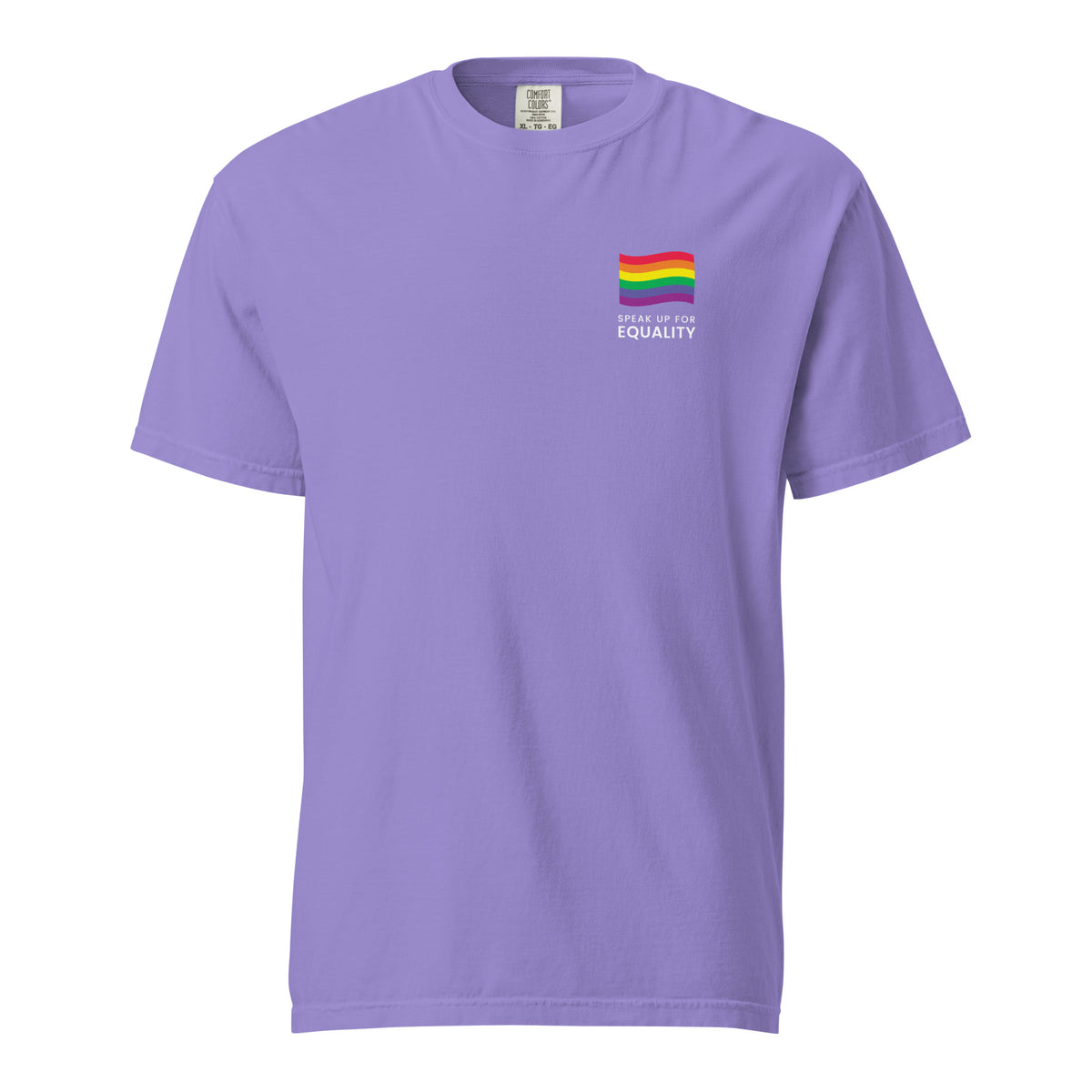 Violet T-shirt with a rainbow flag and equality message, front view.
