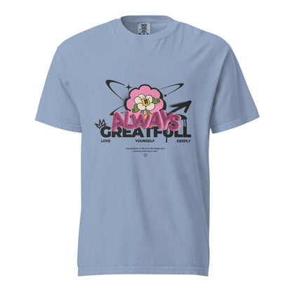 Washed Denim T-shirt with a pink flower and Always Grateful lettering, front view.