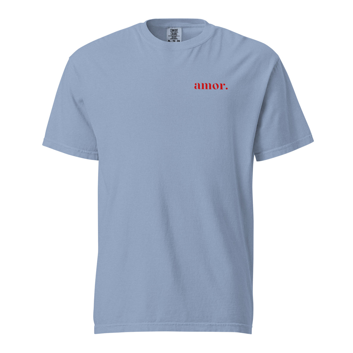 Washed Denim T-shirt, front view, with small red 'amor.' lettering on the chest.