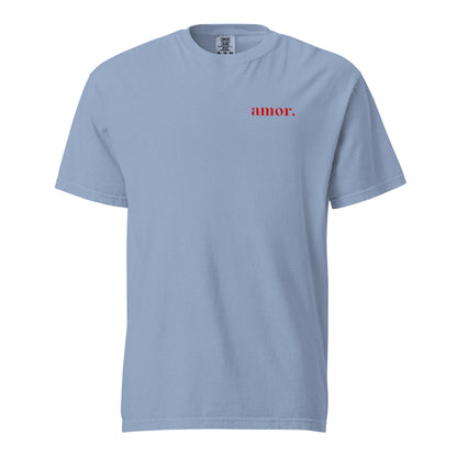 Washed Denim T-shirt, front view, with small red 'amor.' lettering on the chest.