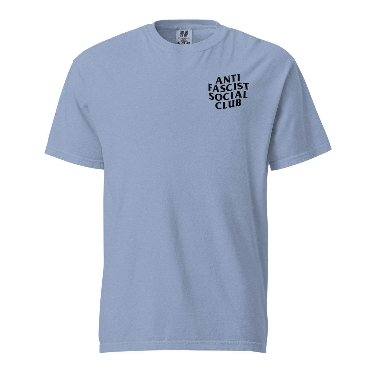 Washed Denim T-shirt, front view with small black "Anti Fascist Social Club" chest lettering.