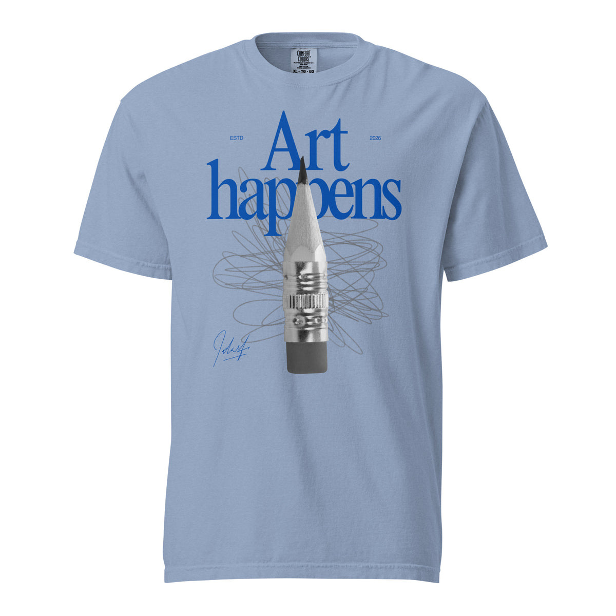 Washed Denim T-shirt with blue Art Happens text and pencil graphic, front view.