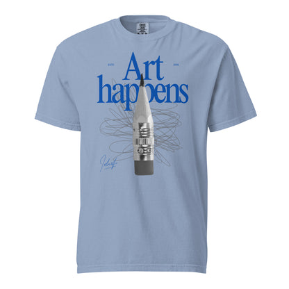 Washed Denim T-shirt with blue Art Happens text and pencil graphic, front view.