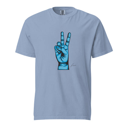 Washed Denim T-shirt, front view, with an illustrated blue hand making a peace sign.