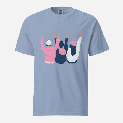 Washed Denim T-shirt, front view with an illustration of three figures raising peace signs.