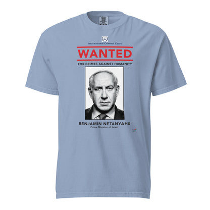 Washed Denim T-shirt, front view, with a wanted-poster design with a monochrome portrait and red 'WANTED' text.