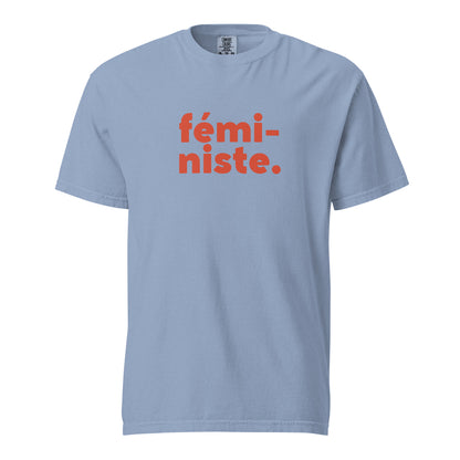 Washed Denim T-shirt, front view with red "fÃ©mi-niste." lettering.
