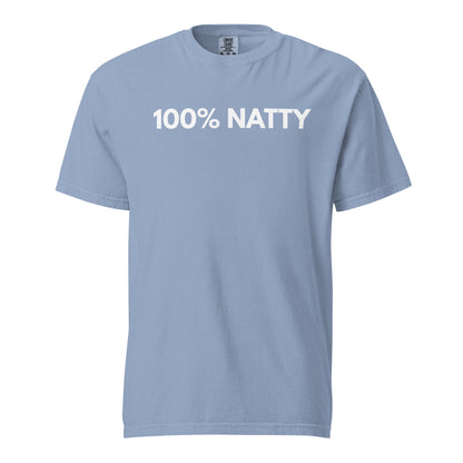 Washed Denim T-shirt, front view, with white '100% NATTY' lettering.